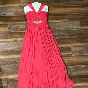 Women’s Juniors Coral Formal Prom Chiffon Gown with Jeweled Waist